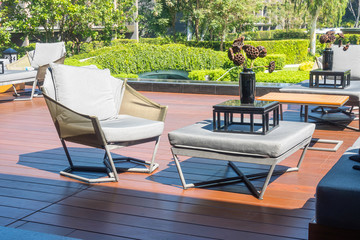 outdoor patio deck and chair decoration on balcony in the garden