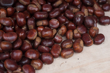 Closeup of organic Chestnuts stack for sale at the christmas market