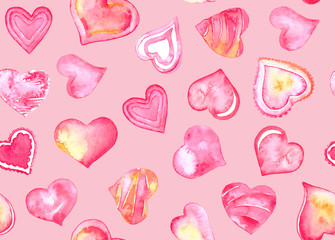 Valentines day watercolor seamless pattern - illustration. Hand drawn and painted watercolor hearts set for Valentine's day card or romantic post cards.