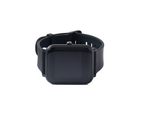 Front view of black smartwatch with touch screen display. Fitness tracker isolated on white background
