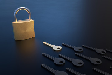One golden key and many others next to padlock. Safety and security concept. 3D rendered illustration.