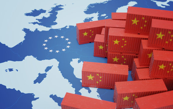 Chinese cargo containers on map of Europe. Import of chenese goo
