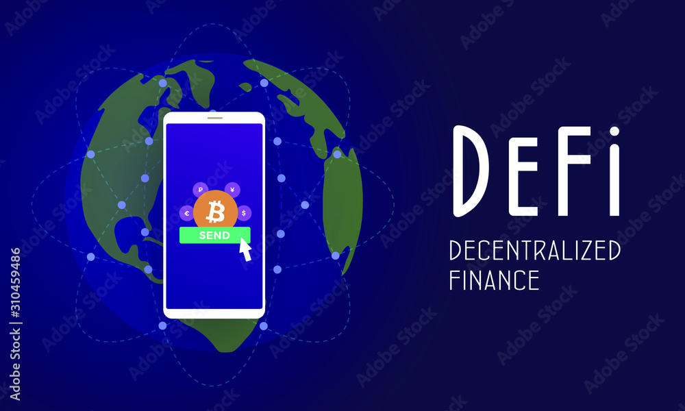 Poster decentralized finance (defi) - open-source community of projects, using blockchain, that develops so