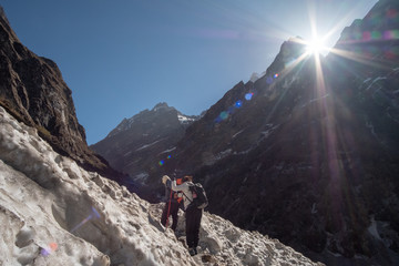 Fototapeta na wymiar Trekker on the way to Annapurna base camp. Nepal