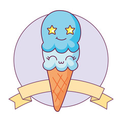 Kawaii ice cream cartoon with ribbon vector design