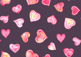 Watercolor hearts seamless pattern illustration. Hand drawn and painted watercolor hearts for Valentine's day card or romantic post cards.