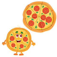 whole pizza and pizza character, food, fast food, isolated object on a white background, vector illustration