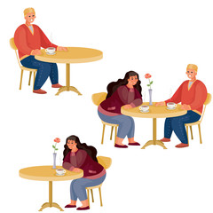 couple man and woman together at the round table, man alone at the round table, woman alone at the round table, isolated object on a white background, vector illustration