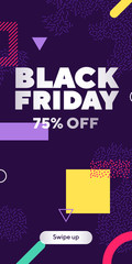 Modern forms for instagram layout. Black Friday dynamical figures, sharp curves. Deep purple background, white text. Layout for instagram poster, banner or story. Vector illustration