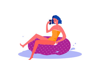 Happy girl on water tube using smartphone. Single person, connection, summer, gadget flat vector illustration. Leisure activity and free time concept for banner, website design or landing web page