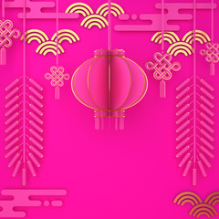 Happy Chinese new year banner, pink purple and gold lantern and knot firecracker paper cut on background. Design creative concept of china festival celebration gong xi fa cai. 3D illustration.