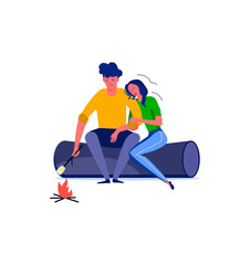 Young couple frying marshmallow. Couple, romance, flirt, date flat vector illustration. Leisure activity and free time concept for banner, website design or landing web page