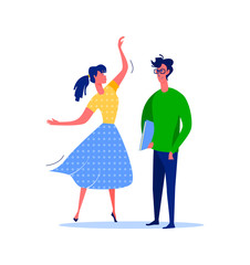 Young girl flirting with guy in glasses. Couple, romance, flirt, young flat vector illustration. Leisure activity and free time concept for banner, website design or landing web page