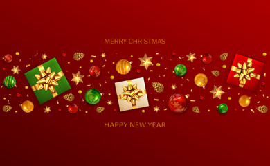 Obraz na płótnie Canvas Christmas Decorative Elements on Red Background