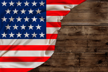 color national flag of modern state of USA, beautiful silk, background old wood, concept of tourism, economy, politics, emigration, independence day, copy space, template, horizontal