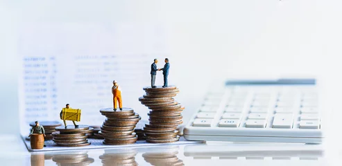 Fotobehang Miniature people standing on a pile of coins. Inequality and social class. Income and economic inequality concept. Inequality in social class, ideology, Gender, Racial and ethnic and health. © TimeShops