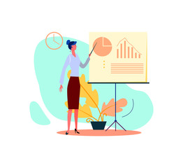 Business woman giving presentation. Lecturer female pointing at diagram on white board flat vector illustration. concept for banner, website design or landing web page