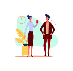 Businessman and businesswoman talking during coffee break. Businesspeople drinking cappuccino flat vector illustration. Communication concept for banner, website design or landing web page