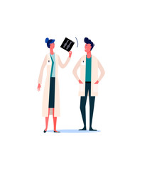 Doctor holding x-ray in hands and looking at it. Hospital worker make professional examination flat vector illustration. Medical care concept for banner, website design or landing web page