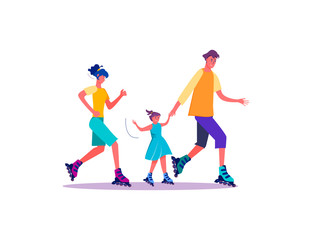 Family skating rollers. Family weekend leisure and sport spare time flat vector illustration. Leisure concept for banner, website design or landing web page