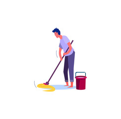 Man cleaning floor with mop. Washing floor flat vector illustration. Housework, domestic routine concept for banner, website design or landing web page