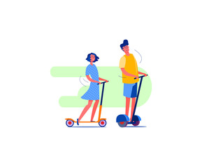 Urban electric vehicles, kick scooter and gyro scooter. Man and woman characters flat vector illustration. Alternative urban transportation concept for banner, website design or landing web page