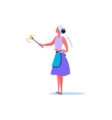 Woman removing dust with yellow duster. Daily life and routine by young woman at home flat vector illustration. Cleaning concept for banner, website design or landing web page
