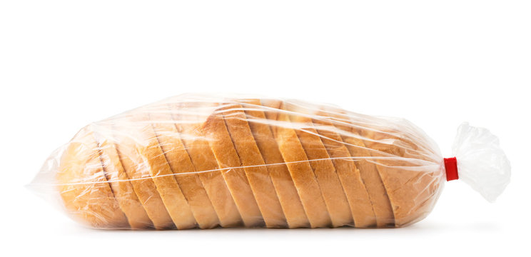 Sliced loaf of bread in a package on a white background. Isolated