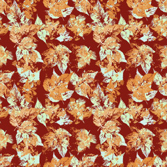 Imprints of abstract leaves mix repeat seamless pattern. Digital hand drawn picture with hand painted texture. mixed media endless motive for textile decor and design.