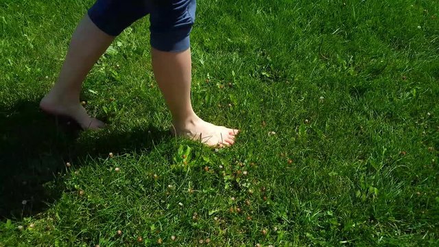 Side view of woman legs in blue tights walking slowly on barefoot on green grass in a park 