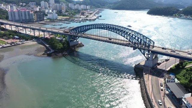 Tongyeong, South Korea 30 August 2019: 4K Aerial Drone Footage View of Tongyeong Port.