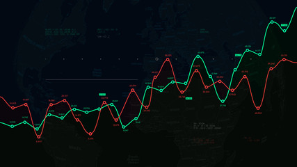 Obraz premium Financial dashboard, report from business analytics on the background of the political world map, exchanges and brokerage futuristic systems vector illustration