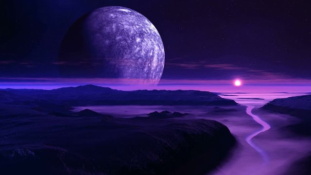 Flying over Alien River. Among the dark hills flows a river covered in fog. Above the horizon huge moon. On the dark sky low clouds. The bright sun shines.