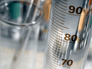 Laboratory glassware, flasks and measuring cylinder