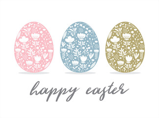 Happy Easter Vector Card. Cute Eggs in 3 Diferent Colors Isolated on a White Background. Pink,Blue and Green Eggs with and Drawn Floral Ornament Inside. Easter Illustration for Card, Greeting, Banner.