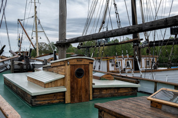 Deck of a sailing ship, superstructure, mast and rigging. Stockholm, Sweden.