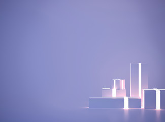 Fototapeta premium New year present boxes with glowing ribbon on purple studio background. 3d rendering. Christmas concept design with neon light