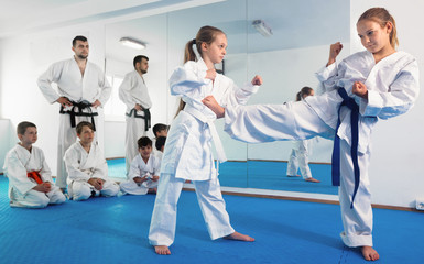 Fototapeta na wymiar Pair of little girls practicing new karate moves during class