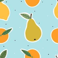 Hand drawn fruits seamless pattern for print, textile, fabric. Trendy kids fruits background. Lemon, orange and pears background.