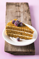 Piece of Tasty Homemade Cake on White Plate Wooden Tray Pink Background Vertical Homemade Dessert