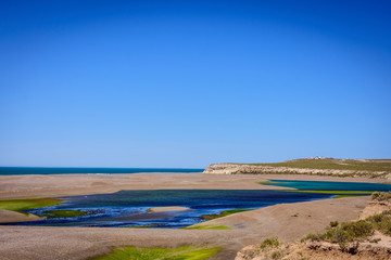 Landscape view of Caleta Valdes during low tide, Peninsula Valdes, Patagonia, Argentina