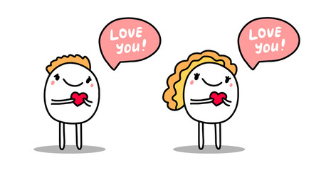 Love you hand drawn vector illustration in cartoon comic style man girl saying speech bubble
