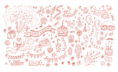 Collection of Hand drawn Birthday Party elements. Celebratory attributes - Vector illustration