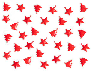 Christmas pattern with red Christmas decorations on white background.