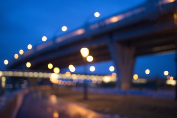 Blurry city lights in winter evening