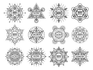 Sacred geometry style symbol set. Sacral geometric outline signs isolated on the white background. Line art occult design elements. Esoteric emblem concept. EPS 10 vector linear illustration.
