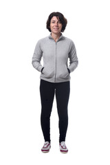 full length portrait of a woman with hands on pocket on white