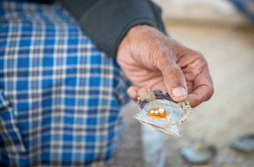 fisherman showing off perls he has found