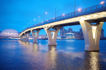 Large bridge illuminated on a winter evening