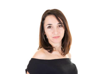 Portrait of beautiful 30s woman brunette in white background